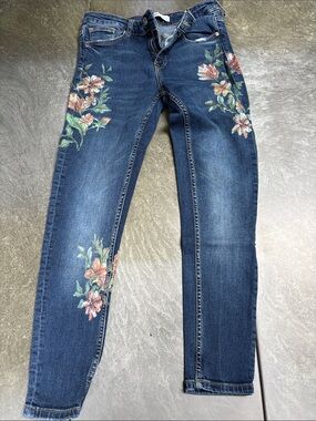 Zara Dark Blue Skinny Jeans with Floral Embroidery